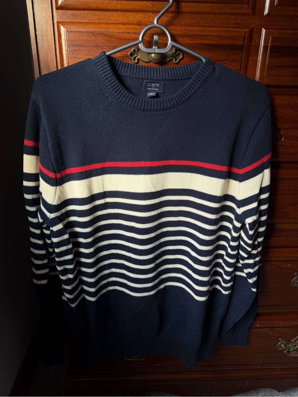 J. Crew Factory Navy Crewneck Sweater with Cream Stripes and Red Accent